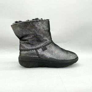Fitflop Womens 7 Mukluk Shorty Boots‎ Black Shimmer Metallic Fur Lined Comfort